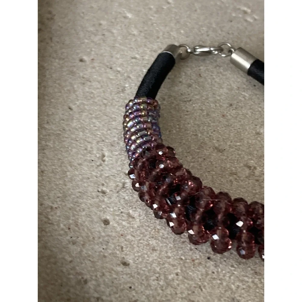 Purple Beaded Bracelet Black Cord Silver Tone Dark Romantic Fairy Chunky
